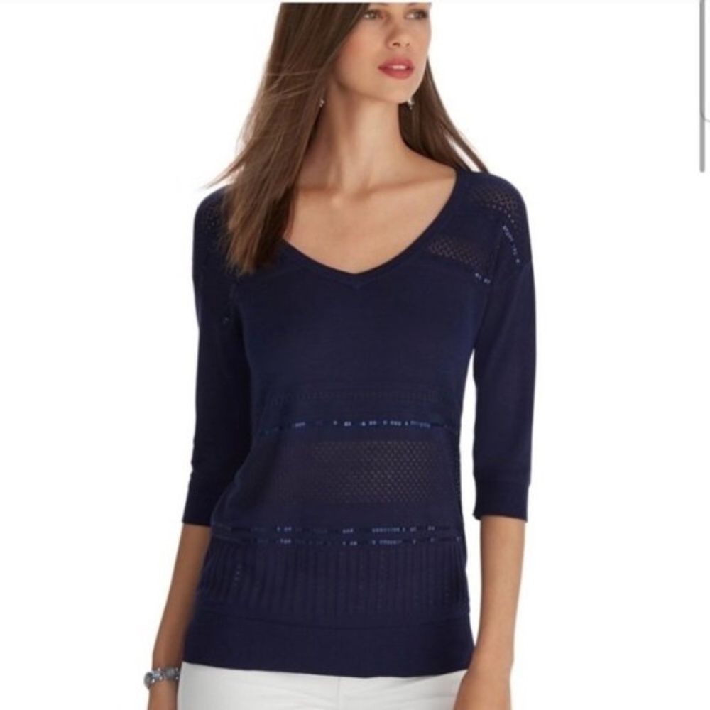 WHBM Navy Vneck Open Weave detail Embellished Sweater sz small